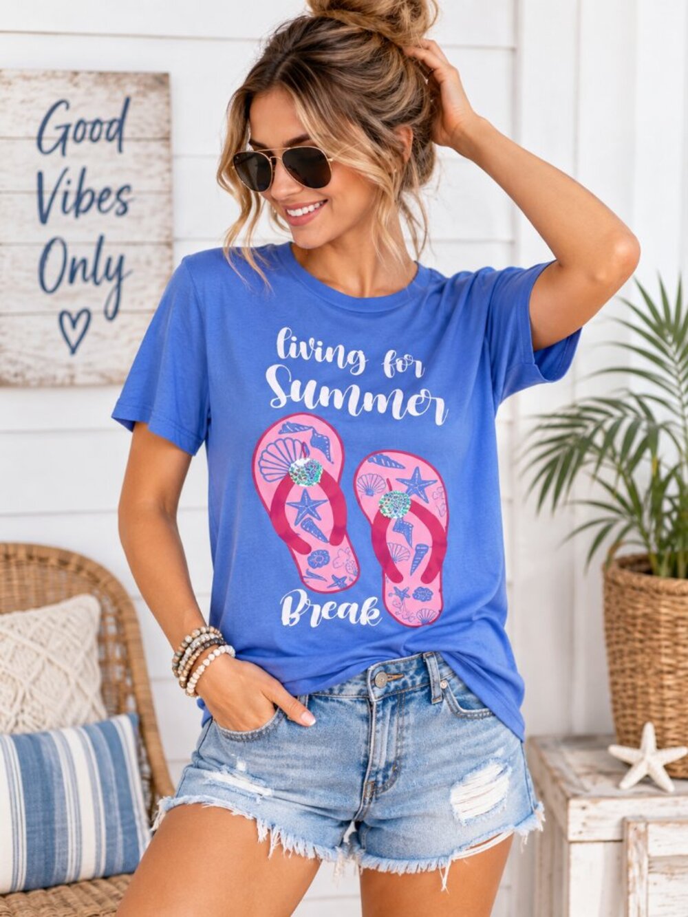 Bella + Canvas Living for Summer Break Graphic Tee Beach Flip Flop M